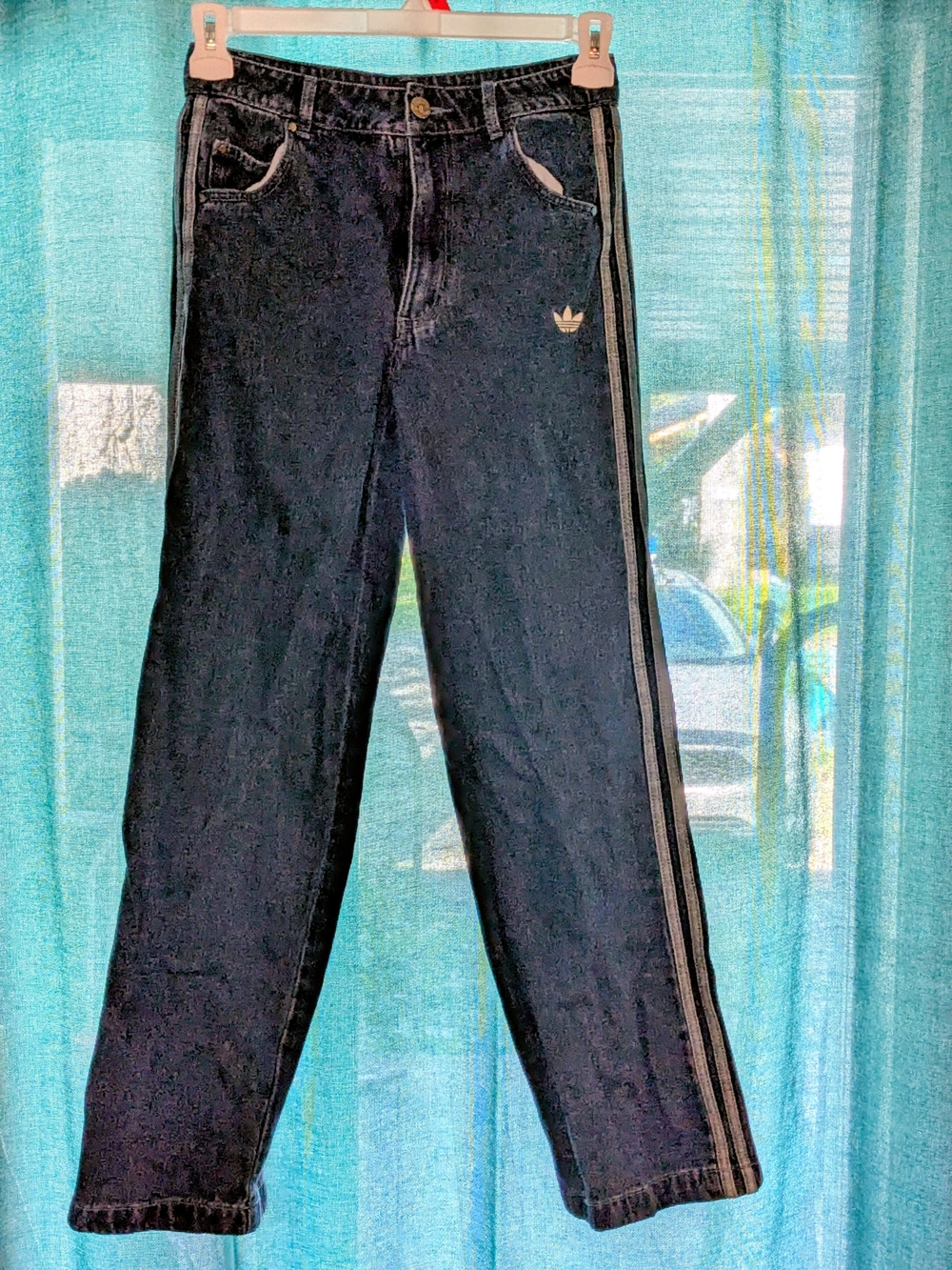 adidas Originals Black Relaxed Jeans with Grey Side Stripes and Gold Trefoil